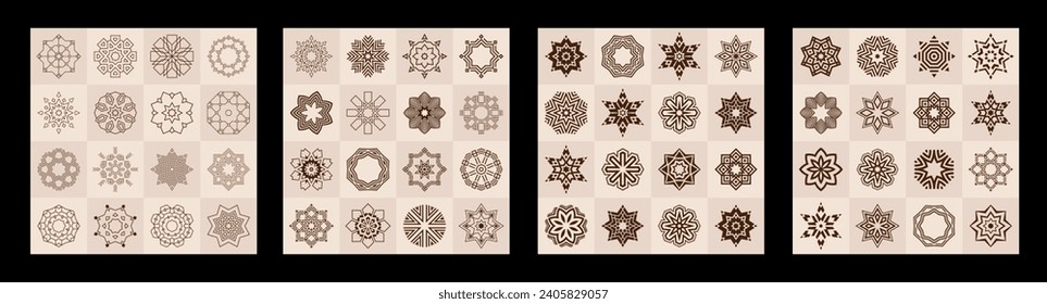 Set of four seamless vector patterns with geometric circular ornaments isolated on square tiles. Symmetric geometric shapes patterns. Brown color. Geometric deco elements. Vector color backgrounds.