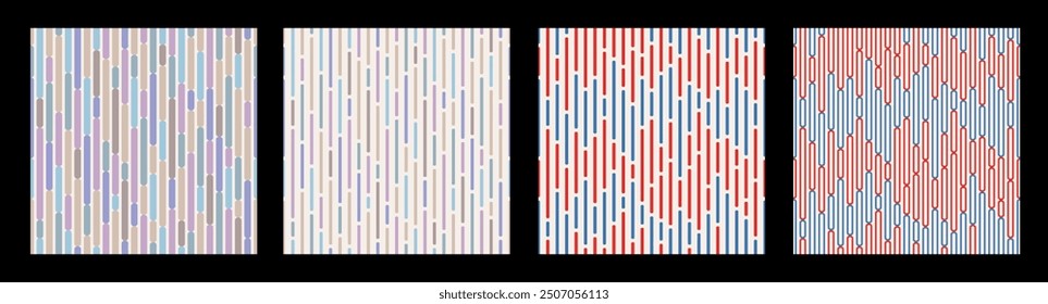 Set of four seamless vector patterns. Striped patterns. Abstract geometric striped backgrounds. Rectangles with rounded corners. Color stripes vector backgrounds. Pastel color stylish textures.