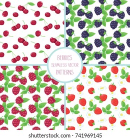 Set of four seamless vector patterns of different berries - strawberry, cherry, blackberry, raspberry, suitable for backgrounds, gift cards, wallpapers. 