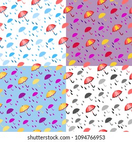 Set of four seamless vector pink, yellow, violet, blue and gray umbrellas and drops. Collection of cute spring backgrounds. Cartoon weather illustration