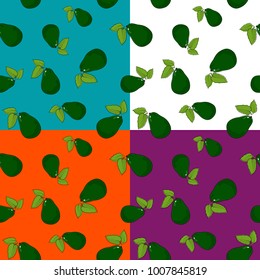 Set of four Seamless Vegetable Patterns, Avocado on a White Green Violet and Orange Background, Vector Illustration