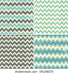 A set of four seamless vintage chevron patterns in blue, brown and cream.