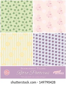 Set of four seamlessly tiling Retro patterns with stylized leaves, flowers and fruit in pastel colors