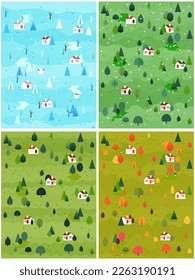 Set of four season landscape vector illustration. Winter, spring, summer, autumn flat style trees and firs with village cottage houses and mountains. Nature scene poster or card.