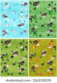 Set of four season landscape vector illustration. Winter, spring, summer, autumn flat style trees and firs with village cottage houses and mountains. Nature scene poster or card.