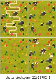Conjunto de cuatro ilustraciones vectoriales de temporada. Invierno, primavera, verano, otoño arbolado de estilo plano y primaveras con casas de campo y montañas. Afiche o tarjeta de la escena natural.
