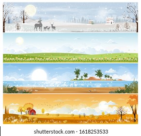 Set Of Four Season Landscape For Winter, Spring, Summer And Autumn Or Fall,Vector Illustration Panoramic Banner Of All Seasons Nature With Mountain, Forest,Tree,Park And Beach Sand Holiday Background