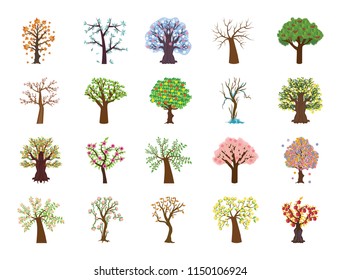 Set of Four Season Tree Flat Vector Icons 