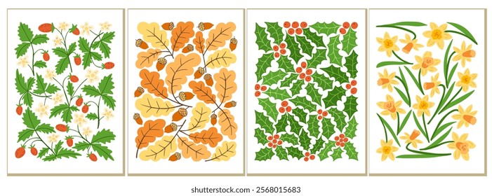 Set of four seasonal botanical illustrations with strawberries, oak leaves with acorns, holly with berries, and yellow daffodils. Vintage vector botanical collection on white background