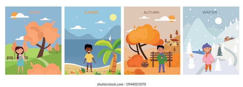 Set of four seasons backgrounds and symbolic characters. Flat cartoon vector illustrations