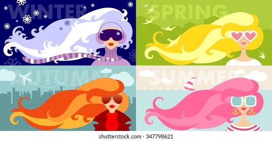 Set of four seasons banners with beauty womans. Seasons concept with young beautiful girls on city and nature backgrounds