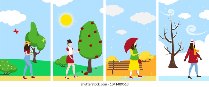 Set of four seasons banners. Winter, spring, summer, autumn with girl. Landscape of the four seasons background. Vector illustration