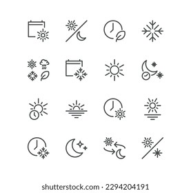 Set of four seasons and day parts related icons, day night switch, night time, sunset time, all seasons and linear variety vectors.