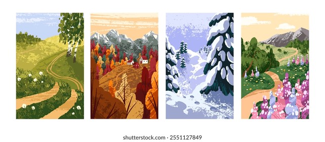 Conjunto de cuatro estaciones. Diseños de tarjetas con diferentes paisajes. Naturaleza en otoño, invierno, primavera y verano. Paisaje rural, vistas con bosque, prado, campo. Ilustraciones vectoriales planas