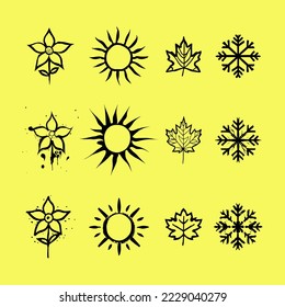 Set of four seasons icon set. Vector graphic element illustrations representing winter, spring, summer, autumn. Snowflake, flower, sun and maple leaf