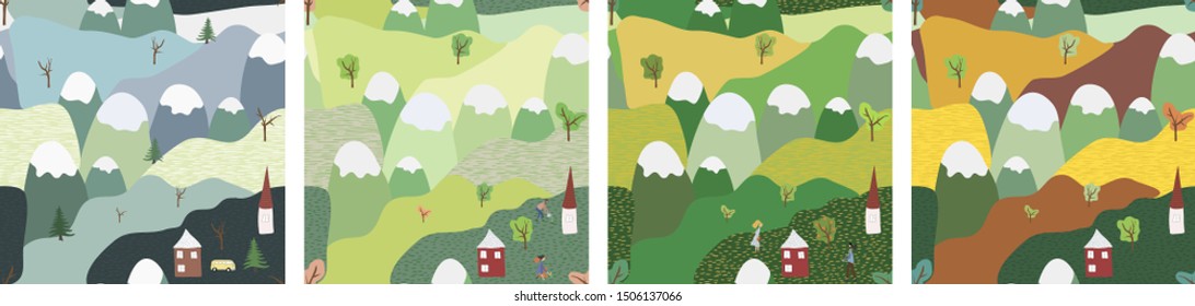Set of four seasons landscape. Colorful winter, spring, summer, autumn seamless pattern. Vector illustration of natural, rustic background. Flat cartoon style. For poster, banner, card, cover, fabric
