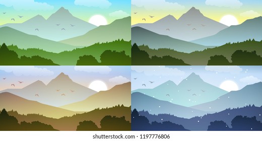 Set of four seasons - spring, summer, autumn, wi. Vector background of beautiful landscape with green hills, bright color blue sky. Background in flat cartoon style - polygonal landscape illustration.