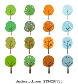 conjunto de cuatro temporadas bosque plano arbolado ilustran temas de naturaleza o estilo de vida saludable. plantas de hojas aisladas eco