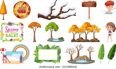 Set of four seasons trees and nature objects illustration