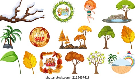 Set of four seasons trees and nature objects illustration
