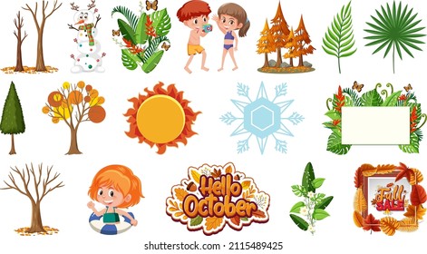 Set of four seasons trees and nature objects illustration