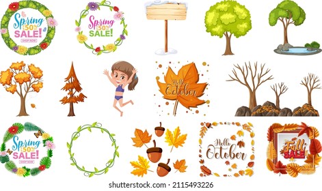 Set of four seasons trees and nature objects illustration