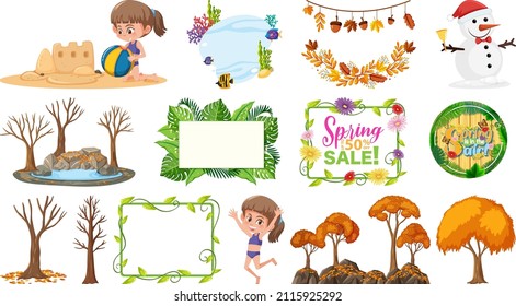 Set of four seasons trees and nature objects illustration