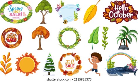 Conjunto de cuatro estaciones árboles y ilustración de objetos naturales