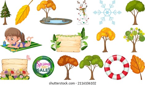 Conjunto de cuatro estaciones árboles y ilustración de objetos naturales