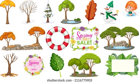 Set of four seasons trees and nature objects illustration