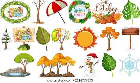 Set of four seasons trees and nature objects illustration