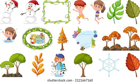 Set of four seasons trees and nature objects illustration