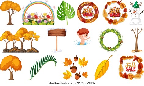 Set of four seasons trees and nature objects illustration
