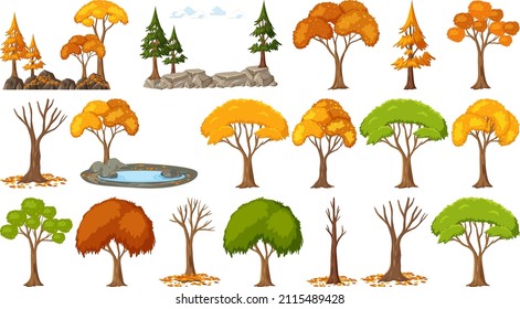 Set of four seasons trees on white background illustration