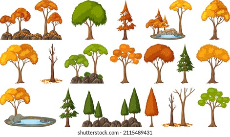 Set of four seasons trees on white background illustration
