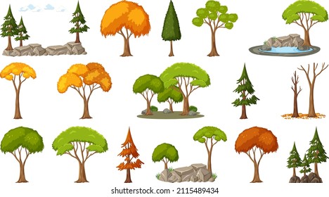 Set of four seasons trees on white background illustration