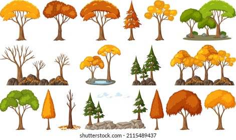 Set of four seasons trees on white background illustration