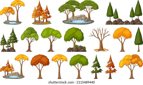 Set of four seasons trees on white background illustration