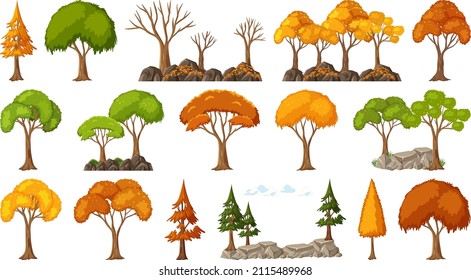 Set of four seasons trees on white background illustration