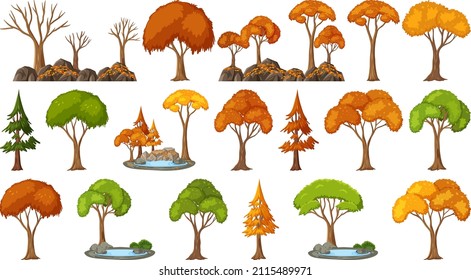 Set of four seasons trees on white background illustration