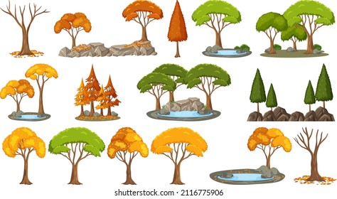 Set of four seasons trees on white background illustration