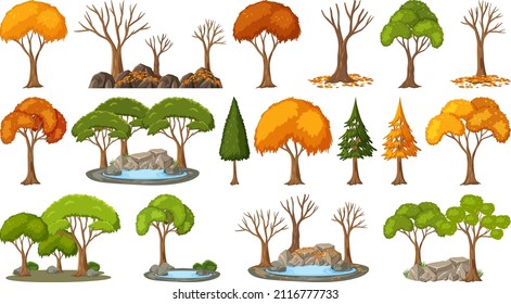 Set of four seasons trees on white background illustration