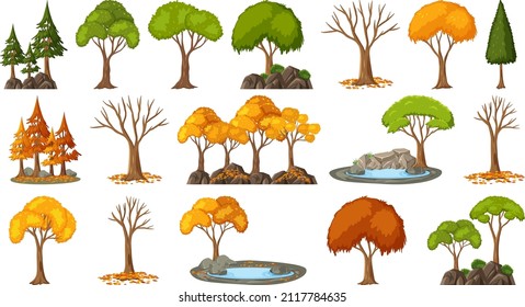 Set of four seasons trees on white background illustration