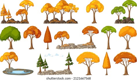 Set of four seasons trees on white background illustration