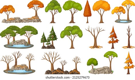 Set of four seasons trees on white background illustration