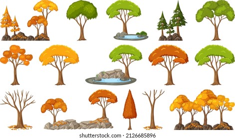 Set of four seasons trees on white background illustration