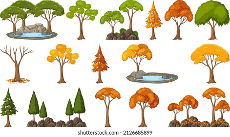 Set of four seasons trees on white background illustration