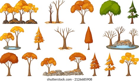 Set of four seasons trees on white background illustration