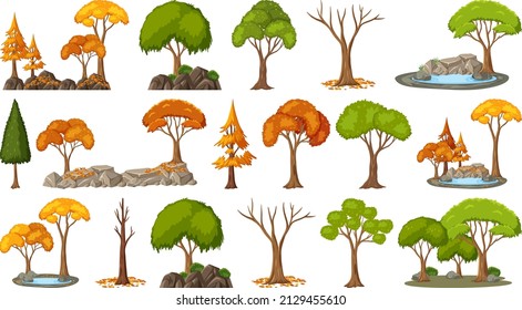 Set of four seasons trees on white background illustration