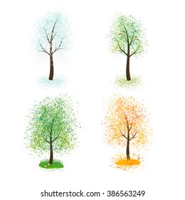 Set of four seasons trees on white background. Winter, spring, summer and autumn tree. Vector.